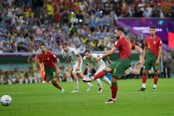 Bruno Fernandes of Portugal scores their team’s second goal.
