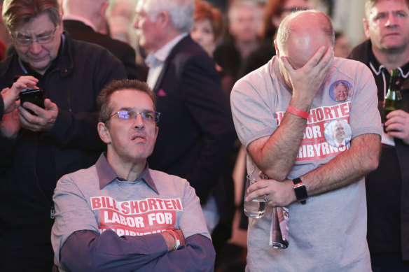 ALP supporters show their disappointment at the results on the night of the last federal election.