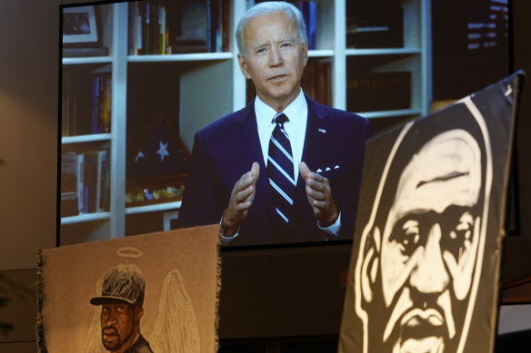 Biden speaks via video link at the funeral service for George Floyd.