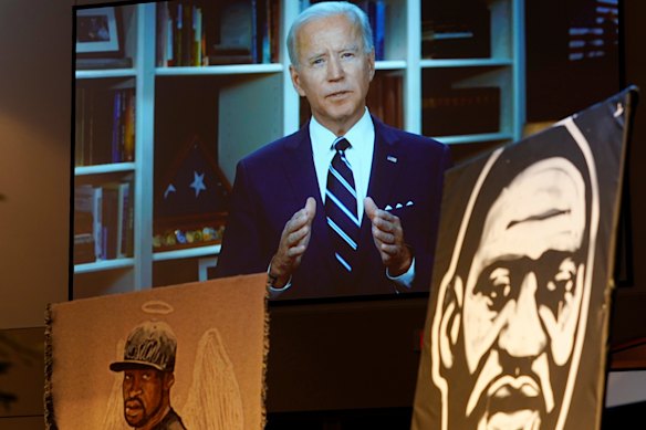 Biden speaks via video link at the funeral service for George Floyd.