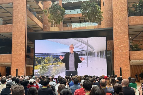 Apple chief executive Tim Cook appears in a pre-recorded video at Apple’s Battersea headquarters in the UK, to introduce new iPads.