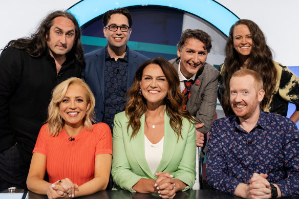 The first episode features (clockwise from left) Ross Noble, team captains Chris Taylor and Frank Woodley, Zoe Coombs Marr, Luke McGregor, host Chrissie Swan and Carrie Bickmore. “There is a pleasure in the fact the guests are people that we know,” says Woodley. 