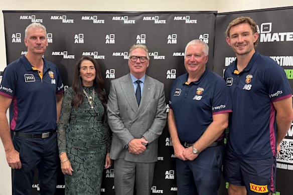 (Left to right) Brisbane Lions community manager James Dowling, Beyond DV founder Carolyn Robinson, Chief Justice of the Federal Circuit and Family Court of Australia Will Alstergren, Brisbane Lions chief Greg Swann, and Brisbane Lions co-captain Harris Andrews at the launch of the Ask A Mate app in Brisbane. 