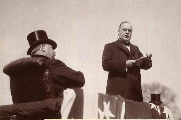 New president William McKinley delivers his inaugural address as former president Grover Cleveland listens in 1897. 