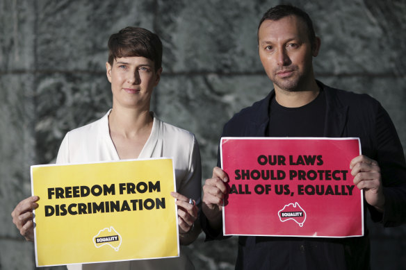Equality Australia’s Anna Brown, left, during a previous campaign with former swimmer Ian Thorpe.