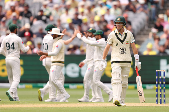 Marnus Labuschagne walks off after being dismissed for 63 on Wednesday.