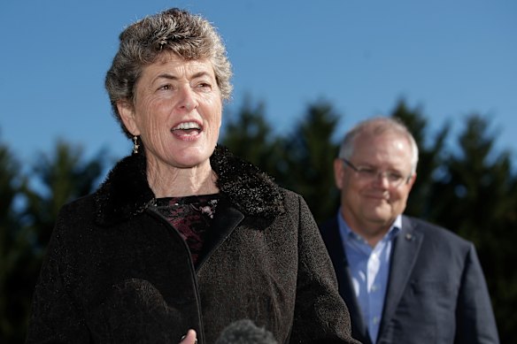 Fiona Kotvojs and Prime Minister Scott Morrison address reporters on Sunday.