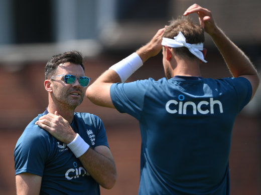 James Anderson and Stuart Broad chat in the nets at Edgbaston.