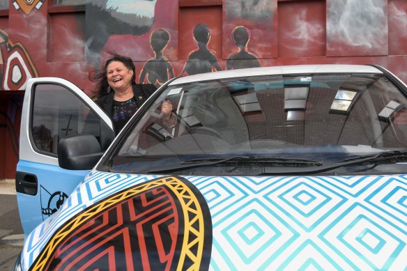 Victorian Aboriginal Community Controlled Health Organisation chief Jill Gallagher with one of three new mobile vaccination vans.