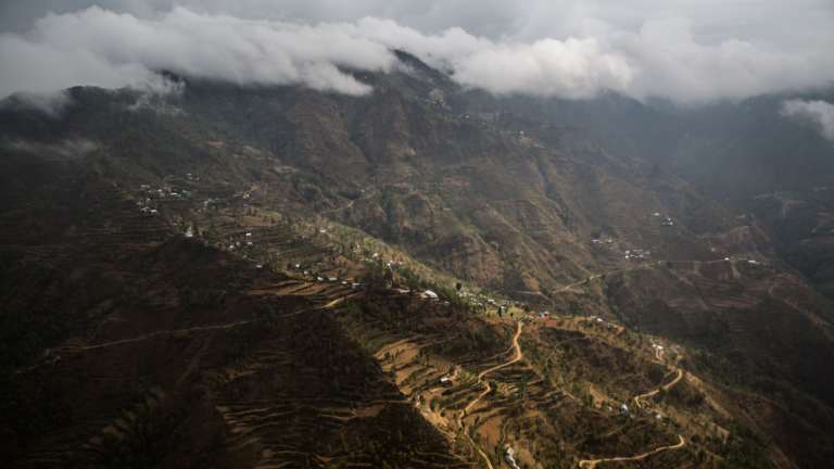 A view of the Himalayas in Nepal from a rescue helicopter in flight.