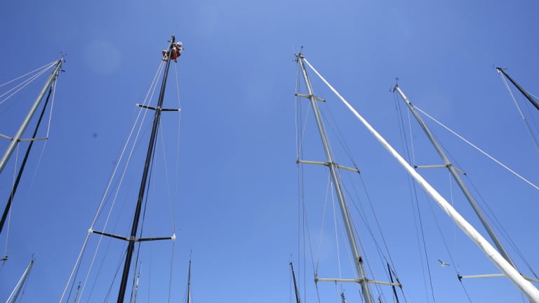 Skyscrapers: the field of masts at the Cruising Yacht Club of Australia, with Michael Spies atop Mark Twain.