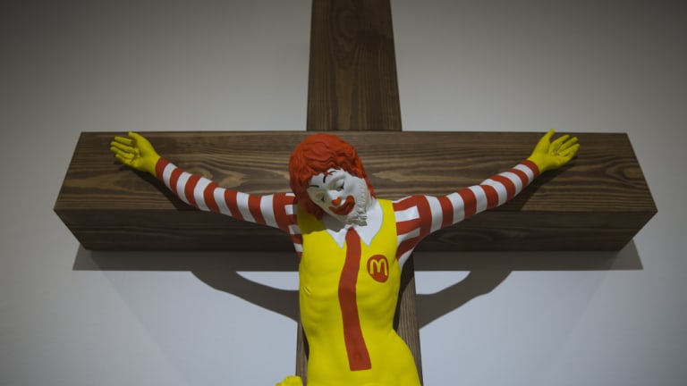 An artwork called McJesus, which was sculpted by Finnish artist Jani Leinonen and depicts a crucified Ronald McDonald, is seen on display as part of the Haifa museum's 