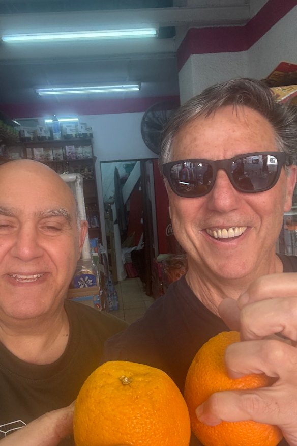 Melbourne lawyer Leon Zwier snaps a selfie with Boaz the “orange man” while locked down in Jerusalem.