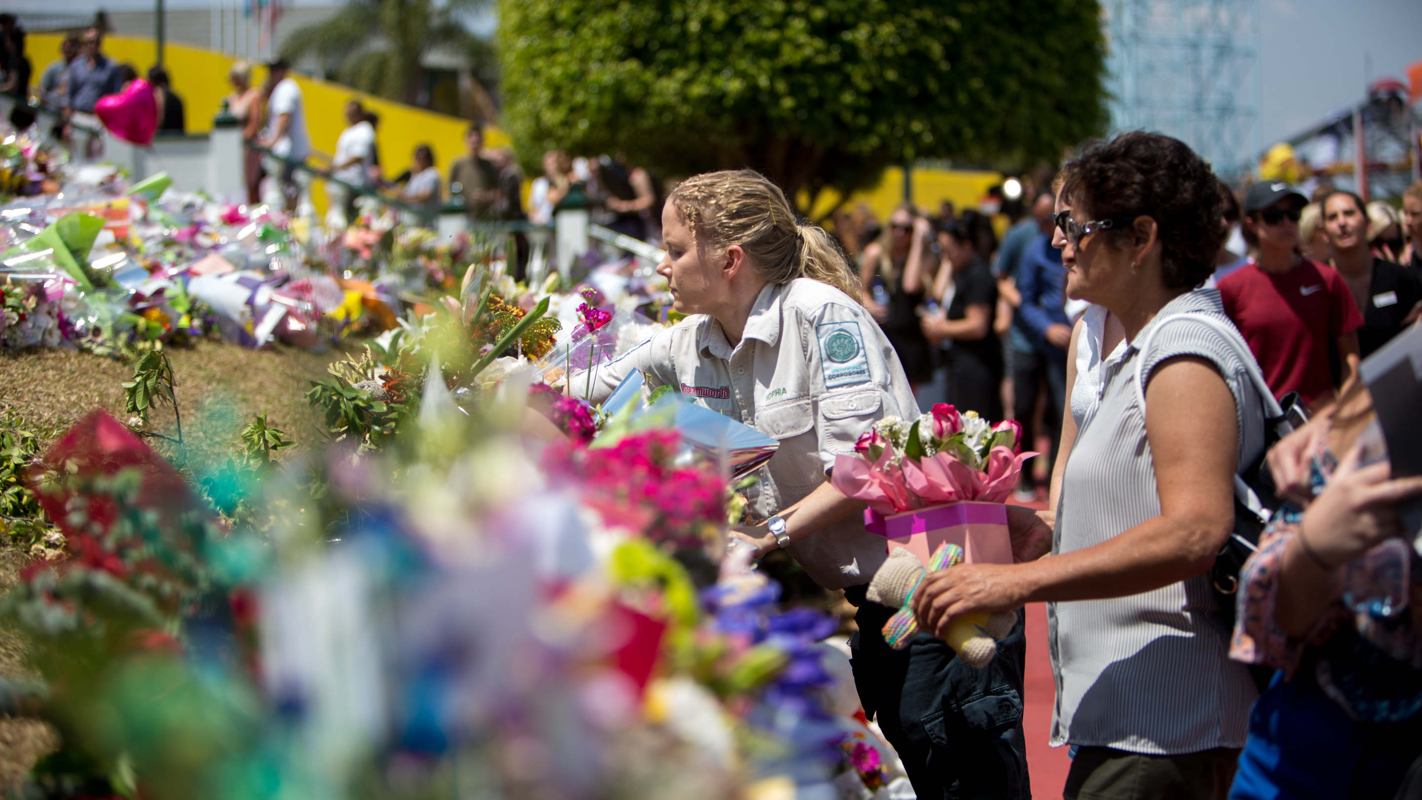 Floral tributes outside Dreamworld at the time of the tragedy.