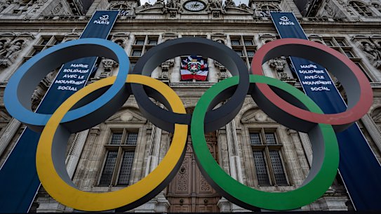 The Olympic rings outside the Paris City Hall earlier this year.