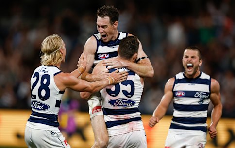 The Cats celebrate Patrick Dangerfield’s winning goal.