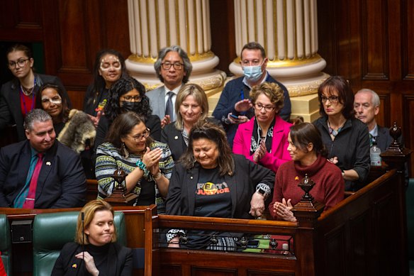 The Victorian parliament acknowledges former treaty commissioner Jill Gallagher for her work as the Treaty Authority Bill is debated.