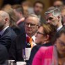 Prime Minister Anthony Albanese and Westpac Chair Steven Gregg listens on as Federal Treasurer Jim Chalmers delivers his press club budget address at Parliament House in Canberra on May 15, 2024. fedpol Photo: Dominic Lorrimer