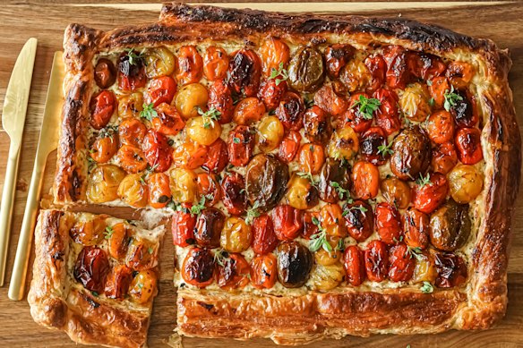 Katrina Meynink’s tomato slab tart with spicy feta.