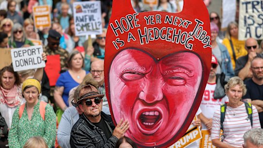 Anti-Trump protesters gather in Aberdeen on Saturday.