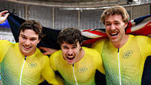 From left: Ryan Elliott, Daniel Barber and Leigh Hoffman celebrate winning gold in Glasgow.