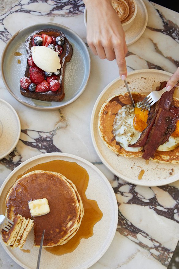 Assorted brunch dishes including thick French toast.