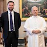 Pope Leo XIV is pictured with Vice President JD Vance, second from left, his wife Usha Vance, Secretary of State Marco Rubio, second from right, and his wife Jeanette Dousdebes Rubio, at the Vatican on Monday.