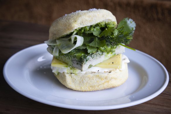 A protein-rich morning roll with egg, Comte cheese and shallot-coriander salsa.