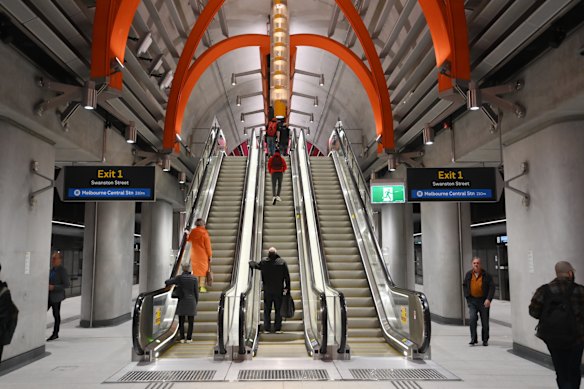Ono the escalators at State Library station.