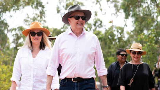 Prime Minister Anthony Albanese, Minister for Indigenous Australians Linda Burney (right) and Member for Lingiari Marion Scrymgour (rear) arrive for a meeting with the Dilak Council at Garma.