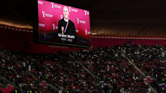 A tribute to Grant Wahl, an American sports journalist who died while reporting on the World Cup, before the quarter final between England and France.