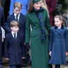 William, Prince of Wales, Louis, George, Catherine and Charlotte attending the 2024 Christmas Morning Service at St Mary Magdalene Church.