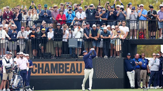 Bryson DeChambeau driving off the first tee this week at LIV Adelaide.