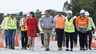 NSW Premier Gladys Berejiklian with Transport Minister Andrew Constance in Batemans Bay on Tuesday.