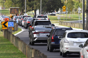 The queue for testing at Springers Leisure Centre in Keysborough.
