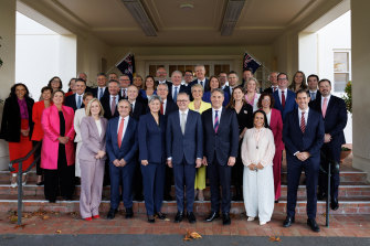 Prime Minister Anthony Albanese poses for a group photo with his ministry after a swearing-in ceremony with Governor-General David Hurley at Government House.