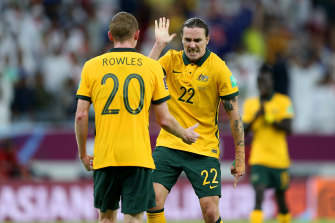 Jackson Irvine (right) celebrates with Kye Irving after the Socceroos’ win over the UAE.