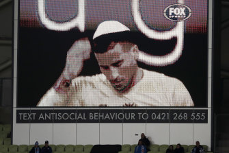 Tomer Hemed of the Phoenix is seen on the big screen wearing a kippah after scoring his second goal during the A-League match between Melbourne City and Wellington Phoenix at AAMI Park.