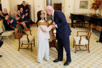 Minister for Indigenous Australians Linda Burney is congratulated by Governor-General David Hurley.