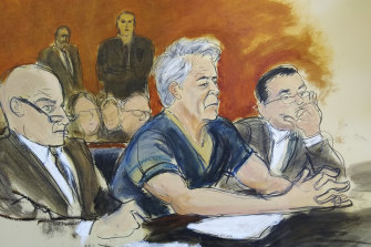 A courtroom artist's sketch of   Epstein with lawyers Martin Weinberg, left, and Marc Fernich in court  this month. 