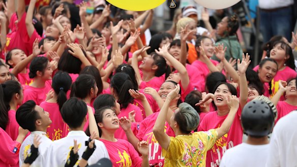 Dancers cheer during the National Day celebrations in Taipei on October 10. 