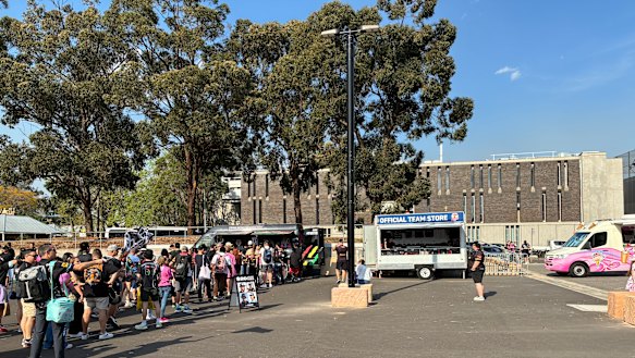 Where are the Roosters fans? The club’s merchandise truck had no visitors at the time of this photo, while the Panthers fans were lined up deep ahead of last Sunday’s match.