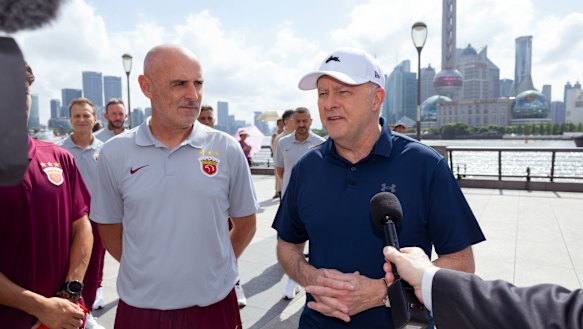 Anthony Albanese with former Socceroo and Shanghai Port FC manager Kevin Muscat during a recent trip to China.