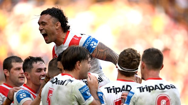 The Dragons celebrate during their win against the Brisbane Broncos.
