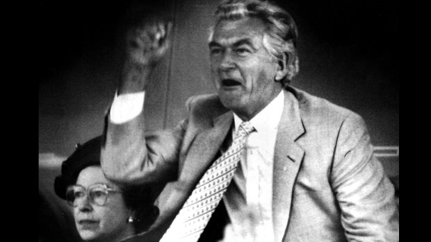 Prime Minister Bob Hawke and her majesty Queen Elizabeth II watching the action of the Queen Elizabeth Stakes on 8 May 1988.