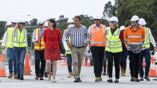 NSW Premier Gladys Berejiklian with Transport Minister Andrew Constance in Batemans Bay on Tuesday.