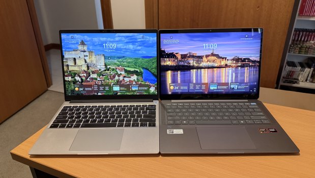 You can get a very nice Framework Laptop 13 (left) pre-built for under $2300, but it’s not going to be as powerful as the HP, which is also slightly larger.