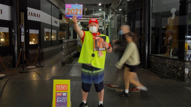Michael, a Big Issue vendor, in Collins St, Melbourne