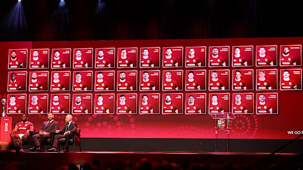 Maro Itoje, Captain of British & Irish Lions, Andy Farrell, Head Coach of British & Irish Lions and Ieuan Evans, Chair and Tour Manager of British & Irish Lions, in front of a screen with the 37-man squad.