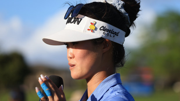 Grace Kim with her Leuk The Duck pin after her maiden LPGA Tour win.